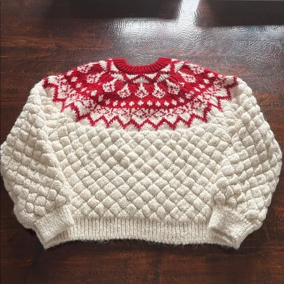 Zara Oversized Knit Jacquard Sweater Ivory Red Size Medium - Picture 7 of 16
